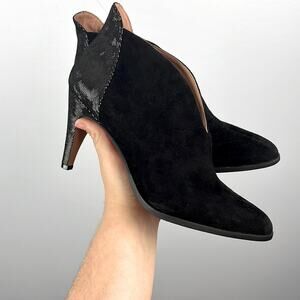 Linea Paolo Scooped Out Pointy Toe High Heel Shootie Black/ Silver Suede shoes
